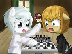 Size: 1600x1200 | Tagged: safe, artist:zorbitas, imported from derpibooru, oc, oc only, earth pony, pony, chess, chess piece, chessboard, clothes, crossover, death note, floppy ears, goggles, matt, mello, near, open mouth, ponified, shirt