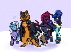 Size: 1102x812 | Tagged: safe, artist:goodmodeart, idw, imported from derpibooru, capper dapperpaws, fizzlepop berrytwist, princess luna, stygian, tempest shadow, trixie, alicorn, cat, unicorn, nightmare knights, spoiler:comic, boots, cloak, clothes, coat, hat, hoodie, shoes, snow, top hat, winter boots