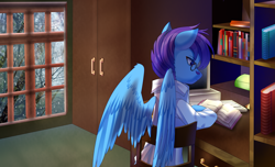 Size: 4331x2625 | Tagged: safe, alternate version, artist:alus, imported from derpibooru, oc, oc only, oc:dr.picsell dois, pegasus, 80's-ish, book, bookshelf, clothes, dormitory, facial hair, irl background, irl photo, lab coat, male, moustache, rain, southeast university, stallion, studying, university