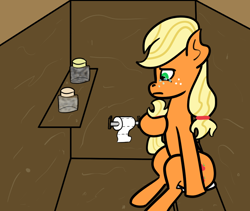 Size: 1000x844 | Tagged: safe, artist:wren, applejack, bright mac, pear butter, cremation, crying, female, hug, jar, jars, lonely, mare, outhouse, sad, shelf, sitting, tail hug, toilet, toilet paper
