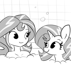 Size: 3000x3000 | Tagged: safe, artist:tjpones, imported from derpibooru, sunset shimmer, pony, unicorn, equestria girls, bath, bathing, bathing together, black and white, bubble bath, cute, duo, female, grayscale, high res, human ponidox, looking at each other, mare, monochrome, self ponidox, shimmerbetes, smiling, smiling at each other