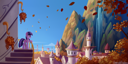 Size: 3100x1550 | Tagged: safe, artist:emeraldgalaxy, imported from derpibooru, twilight sparkle, pony, unicorn, autumn, autumn leaves, canterlot, female, leaf, leaves, mountain, scenery, scenery porn, solo, stairs, tree, unicorn twilight, waterfall