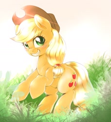 Size: 1622x1775 | Tagged: safe, artist:kurogewapony, imported from derpibooru, applejack, earth pony, pony, crepuscular rays, cute, female, grass, jackabetes, looking at you, mare, smiling, solo