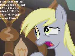 Size: 1440x1080 | Tagged: safe, edit, edited screencap, imported from derpibooru, screencap, derpy hooves, pony, season 5, slice of life (episode), angry, censored vulgarity, cropped, doctor whooves' lab, female, frown, grawlixes, implied dinky, implied doctor whooves, mare, open mouth, solo, wingdings