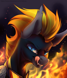 Size: 3000x3500 | Tagged: safe, artist:mithriss, imported from derpibooru, oc, oc only, oc:blaze (shadowbolt), pegasus, pony, bust, clothes, costume, fire, shadowbolts, shadowbolts costume, slit eyes, slit pupils, solo