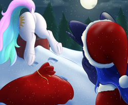 Size: 2200x1800 | Tagged: safe, artist:aquaticvibes, imported from derpibooru, princess celestia, princess luna, alicorn, pony, bag, butt, buttstuck, chimney, christmas, christmas is cancelled, christmas outfit, dock, duo, duo female, facehoof, featureless crotch, female, frog (hoof), hat, holiday, looking at butt, mare, moon, night, nose wrinkle, plot, raised tail, royal sisters, sack, santa hat, siblings, sisters, snow, snowfall, stuck, sunbutt, tail, underhoof