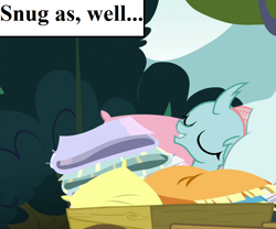 Size: 864x720 | Tagged: safe, edit, edited screencap, imported from derpibooru, screencap, ocellus, changedling, changeling, school daze, cropped, cute, diaocelles, eyes closed, inset, pillow, snug, text, tree