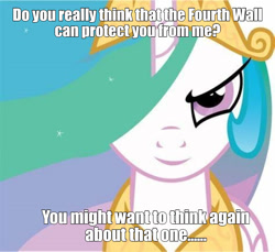 Size: 1126x1033 | Tagged: safe, imported from derpibooru, princess celestia, breaking the fourth wall, caption, evil smirk, fourth wall, inverted mouth, looking at you, meme, smiling, smirk, text, the fourth wall cannot save you