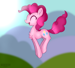 Size: 2200x2000 | Tagged: safe, artist:n0kkun, imported from derpibooru, pinkie pie, earth pony, pony, chest fluff, eyes closed, female, high res, mare, open mouth, profile, pronking, solo