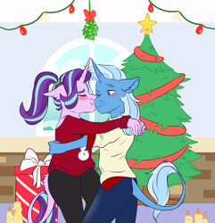 Size: 4337x4500 | Tagged: safe, artist:chub-wub, artist:shimazun, imported from derpibooru, starlight glimmer, trixie, anthro, pony, unicorn, alternate hairstyle, blushing, candle, cheek kiss, christmas, christmas tree, clothes, collaboration, duo, eyes closed, female, hearth's warming eve, holiday, hug, jeans, kiss on the cheek, kissing, leonine tail, lesbian, mare, mistletoe, one eye closed, pants, ponytail, present, shipping, shirt, smiling, snow, snowman, startrix, sweater, t-shirt, tree, wink