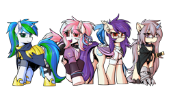 Size: 3779x2160 | Tagged: safe, artist:movieskywalker, derpibooru exclusive, imported from derpibooru, oc, oc only, oc:cyanine willow, oc:moontrace, oc:sharlight twiler, oc:sunset cloudy, bat pony, dracony, dragon, hybrid, ice phoenix, phoenix, pony, unicorn, derpibooru community collaboration, 2021 community collab, armor, bat pony oc, bat wings, cloak, clothes, crystal horn, doctor, draco, dracony oc, female, frog (hoof), glasses, green eyes, group, group photo, guardsmare, hoof shoes, horn, light skin, looking at you, mare, multicolored eyes, multicolored hair, red eyes, royal guard, shorts, simple background, smiling, sports outfit, sports shorts, transparent background, underhoof, unicorn oc, uniform, white skin, wings, yellow skin