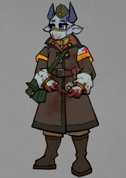 Size: 2480x3508 | Tagged: safe, artist:tass_the_bovine, imported from derpibooru, anthro, yak, alternate timeline, alternate universe, blood, dieselpunk, dieselpunk equestria, gun, medic, outfit, solo, weapon, yakponia, yakponian