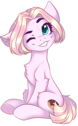 Size: 949x1535 | Tagged: safe, artist:falafeljake, imported from derpibooru, oc, oc only, oc:lazzy butt, earth pony, pony, derpibooru community collaboration, 2021 community collab, earth pony oc, female, looking at you, mare, one eye closed, redraw, simple background, sitting, smiling, solo, transparent background, wink