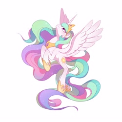 Size: 3000x3000 | Tagged: safe, alternate version, artist:drtuo4, imported from derpibooru, princess celestia, alicorn, pony, crown, female, flying, high res, hoof shoes, jewelry, looking up, mare, regalia, simple background, solo, spread wings, white background, wings