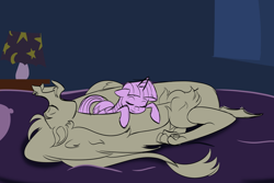 Size: 1280x853 | Tagged: safe, artist:discolight-diary, imported from derpibooru, discord, twilight sparkle, alicorn, discolight, female, lesbian, limited palette, male, open mouth, shipping, sleeping, straight, tongue out, trans female, transgender, twilight sparkle (alicorn)