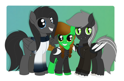 Size: 2666x1751 | Tagged: safe, artist:dyonys, imported from derpibooru, oc, oc:angelo, oc:lucky brush, oc:tanner, bat pony, earth pony, pegasus, pony, clothes, coat, female, freckles, hug, jacket, looking at you, male, mare, shirt, smiling, stallion, unshorn fetlocks, winghug