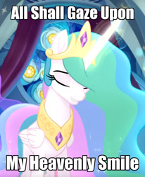 Size: 663x804 | Tagged: safe, edit, edited screencap, imported from derpibooru, screencap, princess celestia, my little pony: the movie, bronybait, caption, cropped, image macro, jewelry, regalia, smiling, text