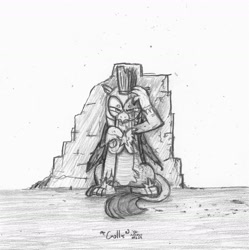 Size: 1600x1605 | Tagged: safe, artist:johnerose126, imported from derpibooru, gallus, griffon, the last problem, armor, monochrome, royal guard, royal guard gallus, sketch, solo, traditional art