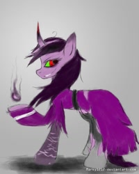 Size: 1024x1280 | Tagged: safe, artist:marky1212, artist:mrdragondeathclaw, imported from derpibooru, twilight sparkle, pony, unicorn, clothes, colored horn, colored sclera, corrupted, corrupted twilight sparkle, curved horn, dark magic, dark twilight, dark twilight sparkle, darklight, darklight sparkle, evil twilight, firebending, gray background, green sclera, horn, magic, possessed, possession, possesslight, possesslight sparkle, ruined dress, simple background, solo, sombra eyes, sombra horn, torn clothes, torn dress, unicorn twilight