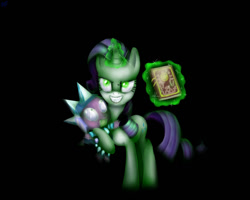 Size: 1500x1200 | Tagged: safe, artist:kyle23emma, imported from derpibooru, rarity, spike, dragon, unicorn, inspiration manifestation, armor, black background, diamond armor, evil grin, glowing horn, green eyes, green magic, grin, holding, horn, i messed up, inspirarity, inspiration manifestation book, levitation, long description, magic, magic aura, minecraft, nervous, possessed, simple background, smiling, telekinesis, terrified