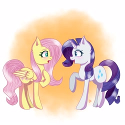 Size: 3098x3098 | Tagged: safe, artist:galaxy swirl, imported from derpibooru, fluttershy, rarity, pegasus, pony, unicorn, abstract background, blushing, female, flarity, hoof on chest, lesbian, looking at each other, open mouth, profile, raised hoof, shipping, smiling, standing, surprised, wings