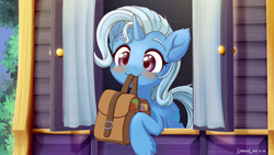 Size: 2840x1600 | Tagged: safe, artist:symbianl, imported from derpibooru, trixie, pony, unicorn, season 6, to where and back again, :3, bag, blushing, butt fluff, cheek fluff, cute, diatrixes, ear fluff, female, fluffy, hoof fluff, leaning, leg fluff, mare, mouth hold, nom, saddle bag, scene interpretation, smiling, solo, sweet dreams fuel, symbianl is trying to murder us, to saddlebags and back again, trixie's wagon, unshorn fetlocks, weapons-grade cute