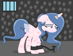 Size: 2804x2138 | Tagged: safe, artist:lominicinfinity, imported from derpibooru, oc, oc only, oc:sparkdust knight, alicorn, pony, abuse, alicorn oc, bruised, cuffs, female, horn, horn ring, jewelry, magic suppression, mare, prison, ring, sad, solo, tally marks, tether, two toned wings, wings