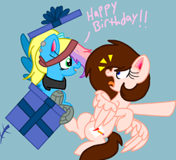 Size: 930x844 | Tagged: safe, artist:circuspaparazzi5678, imported from derpibooru, oc, oc:alice, oc:breanna, oc:creativepony7, pegasus, 18th birthday, bandana, base used, birthday, clothes, december 6th, fangs, happy birthday, metal hooves, present, scar, scarf, surprised