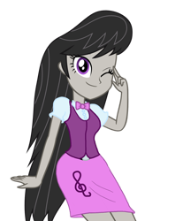 Size: 1024x1236 | Tagged: safe, artist:octascratchrock, imported from derpibooru, octavia melody, human, equestria girls, belt, bowtie, buttons, clothes, cute, dress shirt, humanized, looking at you, one eye closed, pretty, pretty cute, sexy, simple background, skirt, solo, transparent background, vest, wink, winking at you