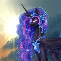 Size: 1920x1920 | Tagged: safe, artist:not-ordinary-pony, derpibooru exclusive, imported from derpibooru, twilight sparkle, alicorn, pony, cloud, crepuscular rays, ethereal mane, feathered wings, female, glowing eyes, helmet, horn, long mane, mare, nightmare twilight, nightmarified, peytral, sky, solo, starry mane, sun, twilight sparkle (alicorn), wings