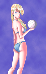 Size: 750x1200 | Tagged: safe, artist:kyle23emma, imported from derpibooru, sunshower raindrops, human, ass, bikini, blonde, blonde hair, breasts, butt, clothes, confident, ear piercing, earring, highlights, holding, humanized, jewelry, looking at you, looking back, looking back at you, looking over shoulder, piercing, purple background, sexy, sideboob, simple background, smiling, smirk, smug, solo, sports, sunshower rainbutt, swimsuit, volleyball
