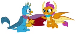 Size: 1280x578 | Tagged: dead source, safe, artist:cloudy glow, artist:cloudyglow, artist:disneymarvel96, artist:memnoch, edit, imported from derpibooru, vector edit, gallus, smolder, dragon, griffon, accessories, accessory, bowtie, brooch, cape, clothes, dragoness, duo, female, male, simple background, vector, white background