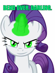 Size: 947x1246 | Tagged: safe, imported from derpibooru, rarity, inspiration manifestation, bend over, caption, darling, evil smirk, glowing eyes, glowing horn, green eyes, horn, inspirarity, looking at you, meme, possessed, rapeface, smiling, smirk, text