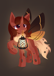 Size: 2150x3024 | Tagged: safe, artist:howxu, imported from derpibooru, oc, oc only, oc:flechette, oc:red flux, changeling, insect, moth, mothling, original species, female, lantern, mare, mouth hold, raised hoof, red changeling, simple background, solo, species swap