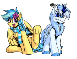 Size: 2842x2160 | Tagged: safe, artist:movieskywalker, derpibooru exclusive, imported from derpibooru, oc, oc only, oc:code quill, oc:jeppesen, kirin, pegasus, pony, derpibooru community collaboration, 2021 community collab, braid, clothes, cloven hooves, duo, feather, female, flower, flower in hair, frog (hoof), group photo, kirin oc, looking at you, male, multicolored hair, open mouth, pegasus oc, quill, scarf, simple background, smiling, transparent background, underhoof, wings, yellow skin