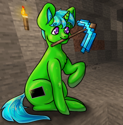 Size: 2947x3000 | Tagged: safe, artist:squirrelly, imported from derpibooru, oc, oc only, oc:green byte, pony, unicorn, diamond pickaxe, male, minecraft, mouth hold, pickaxe, raised hoof, sitting, solo, stallion