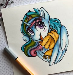 Size: 1280x1322 | Tagged: safe, artist:canadianpancake1, imported from derpibooru, princess celestia, alicorn, pony, bust, clothes, cute, cutelestia, portrait, scarf, solo, traditional art