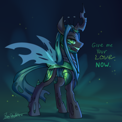 Size: 3000x3000 | Tagged: source needed, safe, artist:jedayskayvoker, imported from derpibooru, queen chrysalis, changeling, changeling queen, changeling king, colored, colored sketch, dialogue, female, full color, grin, high res, king metamorphosis, lidded eyes, male, quadrupedal, rule 63, sketch, smiling, solo