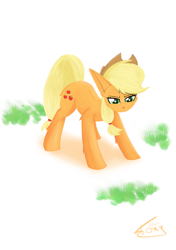 Size: 2600x3700 | Tagged: safe, artist:graphictoxin, artist:toxinagraphica, imported from derpibooru, applejack, earth pony, pony, cheek fluff, clothes, female, fluffy, grass, hat, high res, lineless, mare, open mouth, simple background, smiling, solo, white background