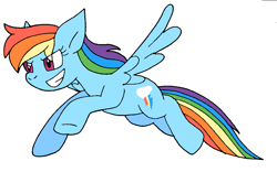 Size: 1043x650 | Tagged: safe, artist:cmara, imported from derpibooru, rainbow dash, pegasus, pony, female, flying, grin, mare, raised hoof, simple background, smiling, solo, white background