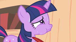 Size: 1920x1080 | Tagged: safe, imported from derpibooru, screencap, twilight sparkle, pony, unicorn, it's about time, frown, golden oaks library, puffy cheeks, quill, solo, sweat, tickling, unicorn twilight