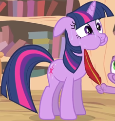 Size: 1242x1313 | Tagged: safe, imported from derpibooru, screencap, spike, twilight sparkle, pony, unicorn, it's about time, cropped, floppy ears, frown, golden oaks library, puffy cheeks, quill, solo focus, sweat, tickling, unicorn twilight