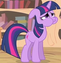 Size: 1262x1313 | Tagged: safe, edit, imported from derpibooru, screencap, twilight sparkle, pony, unicorn, it's about time, cropped, frown, golden oaks library, puffy cheeks, solo, sweat, tickling, unicorn twilight