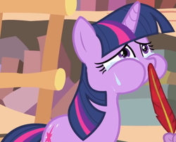 Size: 1850x1489 | Tagged: safe, imported from derpibooru, screencap, spike, twilight sparkle, pony, unicorn, it's about time, cropped, crying, golden oaks library, pre sneeze, puffy cheeks, quill, solo focus, sweat, tickling, unicorn twilight