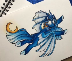 Size: 1280x1078 | Tagged: safe, artist:canadianpancake1, imported from derpibooru, oc, oc only, pony, flying, horns, marker drawing, moon, solo, traditional art