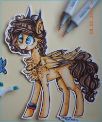 Size: 2246x2669 | Tagged: safe, artist:canadianpancake1, imported from derpibooru, oc, oc only, oc:zizka, oc:zizka-von-mikser, pegasus, pony, happy, horns, marker drawing, pony oc, solo, traditional art