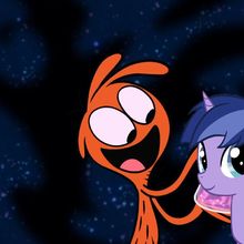 Size: 220x220 | Tagged: artist needed, safe, edit, imported from derpibooru, oc, pony, unicorn, crossover, friendshipping, missing accessory, missing hat, picture for breezies, space, the birthday boy, wander (wander over yonder), wander over yonder