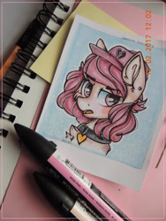 Size: 2121x2828 | Tagged: safe, artist:canadianpancake1, imported from derpibooru, oc, pony, bust, clothes, hat, headshot commission, marker drawing, pink, pony oc, portrait, simple background, traditional art