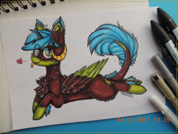 Size: 2828x2121 | Tagged: safe, artist:canadianpancake1, imported from derpibooru, oc, oc only, pony, fluffy, full body, fullbody, horns, marker drawing, solo, tongue out, traditional art, wings