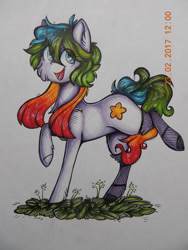 Size: 2121x2828 | Tagged: safe, artist:canadianpancake1, imported from derpibooru, oc, oc only, earth pony, pony, earth pony oc, full body, fullbody, grass, happy, marker drawing, pony oc, solo, traditional art